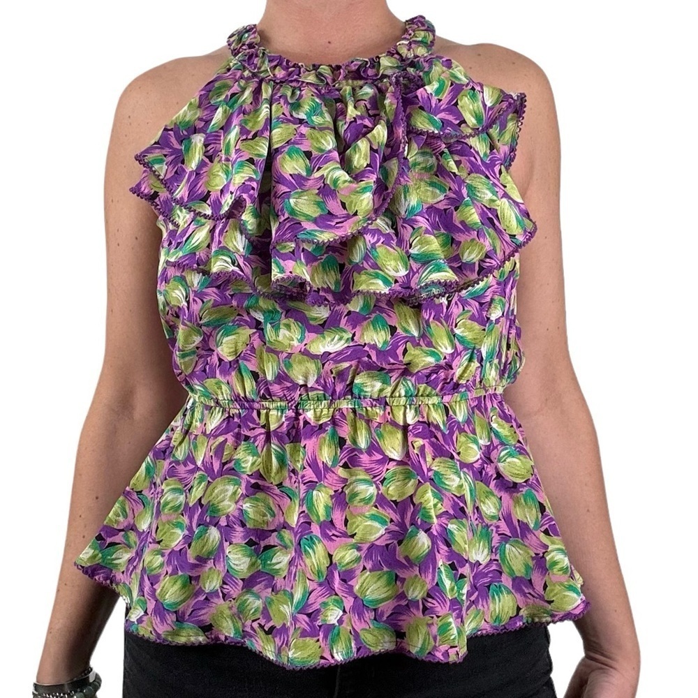 Odille Anthropologie 100% Silk Floral Ruffle Blouse Sleeveless Girly‎ Coquette